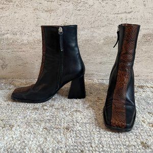 Alohas South Edge Black and Brown Python Heel Ankle Boots, sz 7.5